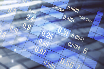 Poster - Abstract virtual analytics data spreadsheet on abstract metal background, analytics and analysis concept. Multiexposure