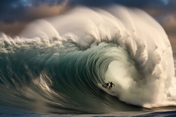 Surfing ocean wave. Surfer on a blue ocean wave, Extreme surfers surfing on the huge sea waves, rear view, no visible faces, AI Generated