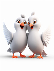 Two 3D Cartoon Pigeons in Love on a Solid Background