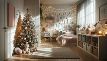 A Festive Indoor Wonderland Filled With Twinkling Lights And A Grand Christmas Tree, Nestled In A Cozy Cabinetry-adorned Bedroom, With Warm Hues Dancing On The Walls And Floor, A Magical Holiday Have
