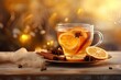  a cup of tea with cinnamon and orange slices on a plate.  generative ai