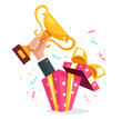 © PrettyVectors - Gift box with hand arm winner prize celebration present surprise concept. Vector flat graphic design illustration