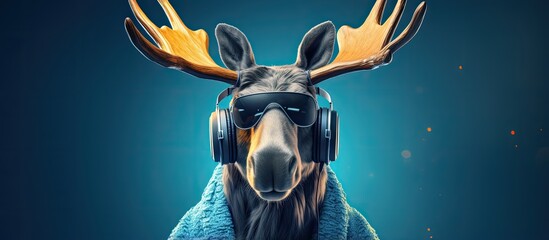 Wall Mural - DJ moose animal who mixes the best music for the party. Not to mention that animals don't understand music... wide screen Generative AI