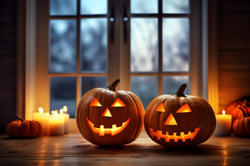 halloween, scaring, spooky jack o lantern with glowing eyes pumpkin in a house on a wooden table with burning candles , windows at back