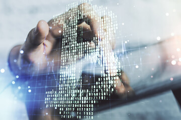 Poster - Creative Bitcoin concept with finger presses on a digital tablet on background. Double exposure