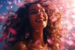 A vivacious girl with curly locks and a contagious smile, joyfully revels in a flurry of pink confetti as a woman full of life and energy
