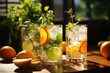 Refreshing beverages with citrus fruit, herb, and ice. Generative AI
