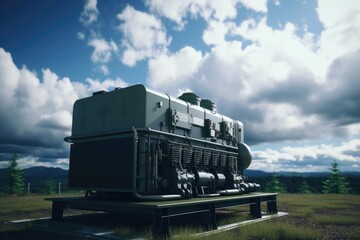 Poster - A large engine sitting on top of a wooden bench. This picture can be used to depict mechanical equipment or as a symbol of industrial power.