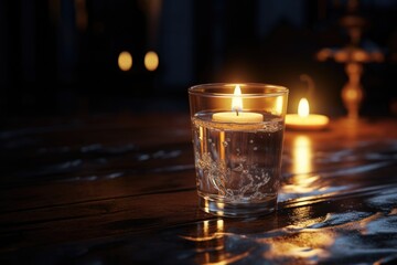 Poster - A simple yet elegant image of a glass of water with a lit candle in the background. Perfect for creating a calming and peaceful atmosphere.