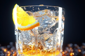 Poster - A glass filled with ice and adorned with a refreshing slice of orange. Perfect for summer drinks and cocktails.