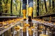 A person is depicted walking down a path wearing bright yellow rain boots. This image can be used to represent outdoor activities, rainy weather, or exploring nature.