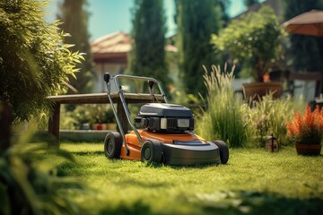 Poster - A lawn mower sitting in the middle of a lush green yard. Perfect for showcasing a well-maintained garden or yard. Ideal for landscaping and gardening themes.