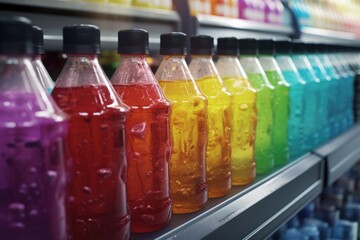 Poster - A row of soda bottles filled with different colored liquids. Perfect for advertising, menu design, or beverage industry promotions.