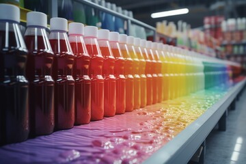 Poster - A row of bottles filled with different colored liquids. This versatile image can be used to represent variety, experimentation, chemistry, or creative concepts.