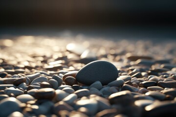 Poster - A single rock sits atop a pile of rocks. This image can be used to represent strength, balance, or standing out from the crowd.