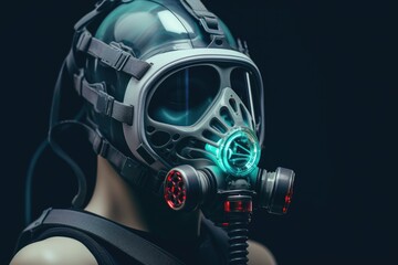 Poster - A man wearing a gas mask with a green light shining on his face. This image can be used to depict themes of pollution, environmental hazards, or even post-apocalyptic scenarios.