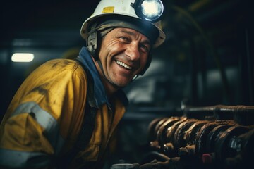 Poster - A picture of a smiling man wearing a hard hat and a yellow jacket. This image can be used to depict a construction worker, engineer, or any profession related to safety or outdoor work.