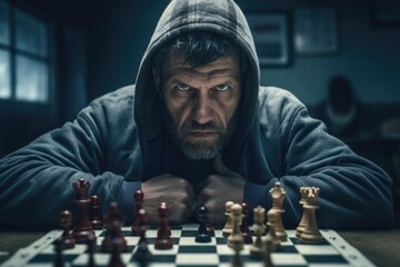 Poster - A man is depicted sitting at a table with a chess board. This image can be used to represent strategy, critical thinking, decision-making, or leisure activities.