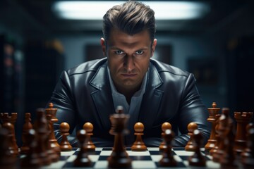 Poster - A man in a leather jacket playing chess. Versatile image suitable for various contexts.