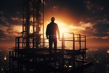 Sticker - A man stands on top of a building that is still under construction.