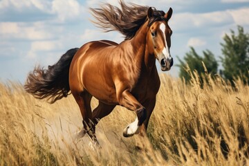 Poster - A brown horse is captured in motion as it runs through a field of tall grass. This image can be used to depict freedom, nature, or outdoor activities.
