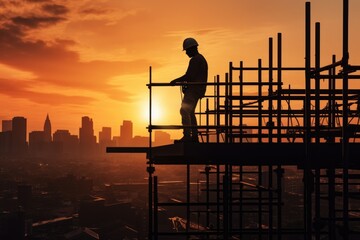 Poster - A construction worker standing on a scaffolding during a beautiful sunset. This image can be used to depict hard work, construction projects, or the beauty of nature.