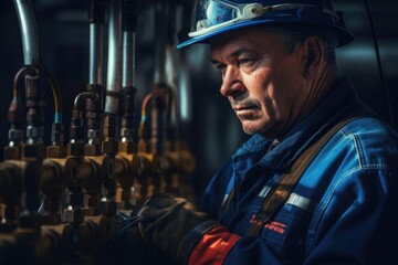 Poster - A man wearing a hard hat is seen working on a machine. This image can be used to depict industrial work, construction, or engineering projects.