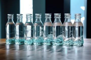 Aufkleber - A row of empty glass bottles sitting on a table. This versatile image can be used for various purposes