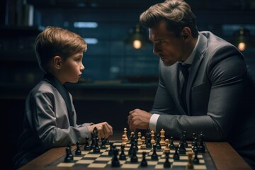 Poster - A man and a young boy engaged in a strategic game of chess. This image can be used to depict the bond between generations or the development of critical thinking skills