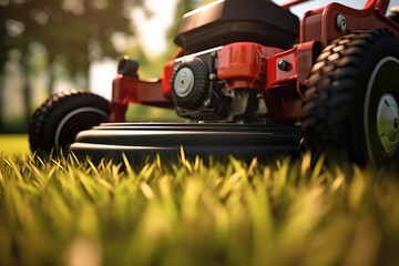 Poster - A red lawn mower sitting on top of a lush green field. This image can be used to depict gardening, landscaping, or maintaining a well-kept lawn