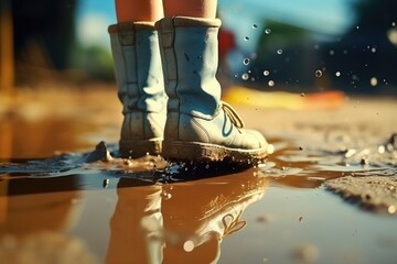Poster - A person standing in a puddle of water. This image can be used to depict rainy weather, outdoor activities, or the concept of reflection