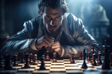 Poster - A man is engaged in a game of chess. This image can be used to depict strategic thinking, problem-solving, concentration, or intellectual challenges