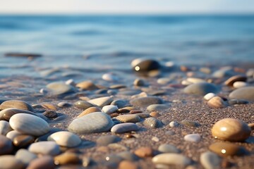Poster - A close-up view of rocks on a beach near the ocean. This image captures the natural beauty of the rocks and the beach. Perfect for nature enthusiasts and beach lovers.