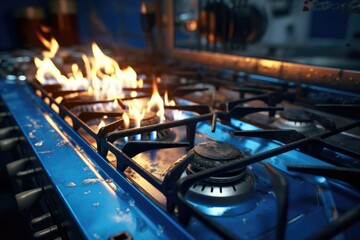 Poster - A picture of a blue stove top with multiple burners. This versatile image can be used to depict cooking, kitchen appliances, or home interior design