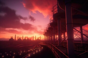 Poster - A beautiful image of a train traveling down the tracks with a stunning sunset in the background. Perfect for travel, transportation, and adventure themes