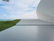 Geometric shapes structure with gray concrete floor on green grass lawn. Abstract architecture design 3d illustration.