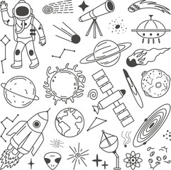Sticker - space doodle elements. solar system planets, astronaut and rockets. isolated astronomy objects, cele