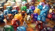 Lots of colorful dices for board games, tabletop games or rpg on light background.
