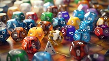Lots Of Colorful Dices For Board Games, Tabletop Games Or Rpg On Light Background.