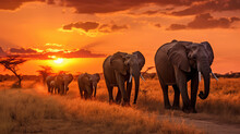 Herd Of Elephants In The Savanna At Sunset