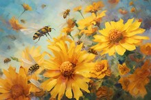 An Artwork Depicting Vibrant Yellow Flowers With A Buzzing Insect Hovering Above Them. Generative AI