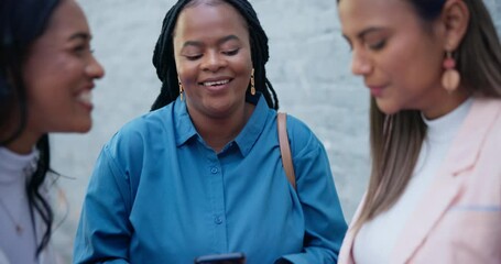 Aufkleber - Friends, women outside workplace with phone for networking and connection with employees together in morning. Smile, smartphone and social media communication, group of business people at office.