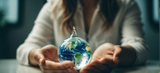 Wall Mural - hands of a woman holding a drop of water with planet earth
