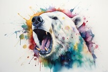 Vibrant Joyful Artwork Depicting A White Polar Bear Painted With Watercolors. Generative AI
