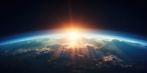 Wall Mural - panoramic view on planet earth globe from space. glowing city lights, light clouds. generative ai