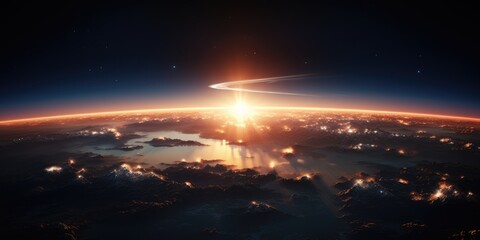 Wall Mural - panoramic view on planet earth globe from space. glowing city lights, light clouds. generative ai