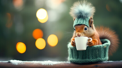 Wall Mural - A cheerful cute squirrel in a knitted hat drinks cocoa from a cup against the background of a winter forest with fir trees, snow and colorful lights. Postcard for the New Year holidays.