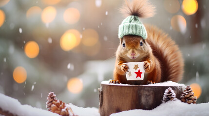 Wall Mural - A cheerful cute squirrel in a knitted hat drinks cocoa from a cup against the background of a winter forest with fir trees, snow and colorful lights. Postcard for the New Year holidays.