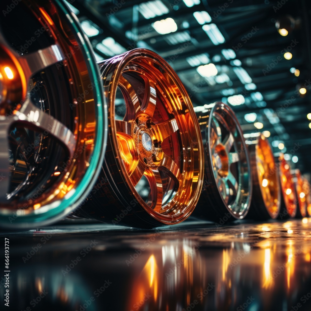 Car rims in the display case and asphalt background are neatly arranged ...