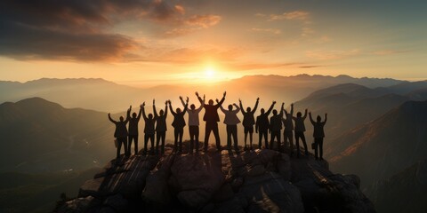 teamwork success victory concept. silhouette of the team on top of mountain. leadership concept. ai 